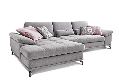Cavadore L-Form-Sofa Castiel mit Federkern / Große Eckcouch mit Sitztiefenverstellung und XL-Longchair / 312 x 89 x 173 / Webstoff, Hellgrau von CAVADORE