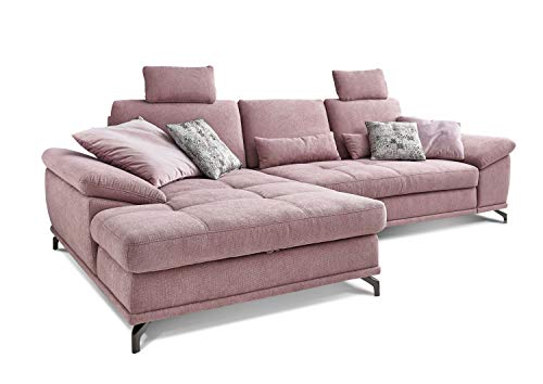 Cavadore L-Form-Sofa Castiel mit Federkern / Große Eckcouch mit Sitztiefenverstellung, Kopfstützen und XL-Longchair / 312 x 114 x 173 / Webstoff, Flieder-Rosa von CAVADORE