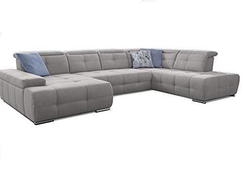 Cavadore Wohnlandschaft Mistrel mit verstellbaren Kopfteilen / U-Form Sofa mit leichter Fleckentfernung dank Soft Clean / Geeignet für Haushalte mit Kindern, Haustieren /343 x 77 x 228 / hellgrau von CAVADORE