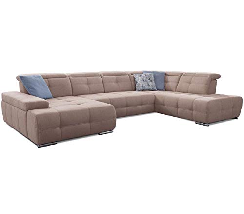 Cavadore Wohnlandschaft Mistrel mit verstellbaren Kopfteilen / U-Form Sofa mit leichter Fleckentfernung dank Soft Clean / Geeignet für Haushalte mit Kindern, Haustieren /343 x 77 x 228 / hellbraun von CAVADORE