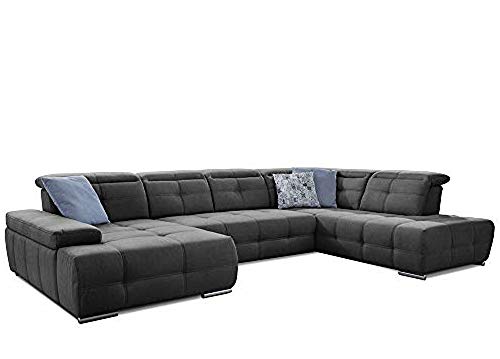 Cavadore Wohnlandschaft Mistrel mit verstellbaren Kopfteilen / U-Form Sofa mit leichter Fleckentfernung dank Soft Clean / Geeignet für Haushalte mit Kindern, Haustieren /343 x 77 x 228 / dunkelgrau von CAVADORE