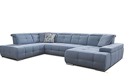 Cavadore Wohnlandschaft Mistrel mit verstellbaren Kopfteilen / Sofagarnitur mit leichter Fleckentfernung dank Soft Clean / Geeignet für Haushalte mit Kindern, Haustieren /343 x 77 x 228 / blau von CAVADORE