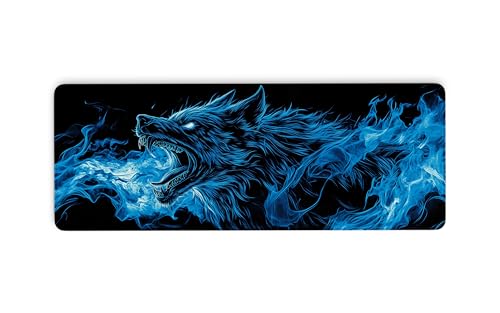 Mauspads, Wolf brüllend mit blauen Flammen, großes Gaming-Mauspad mit gesäumten Kanten und rutschfester Unterseite, abstrakte Tiere, Schreibtischmatte, Tastaturmatte für Arbeit, Büro, Zuhause, 80 x 30 Mauspads, Wolf brüllend mit blauen Flammen, großes Gaming-Mauspad mit gesäumten Kanten und rutschfester Unterseite, abstrakte Tiere, Schreibtischmatte, Tastaturmatte für Arbeit, Büro, Zuhause, 80 x 30 von Cawpom