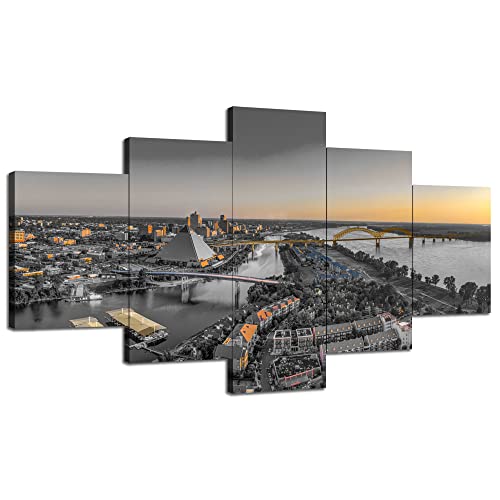 Memphis City Skyline Wandkunst Tennessee Memphis Poster Wanddekoration Bild Leinwanddruck Schwarz und Weiß Memphis City Gemälde gespannter Rahmen Zuhause Wohnzimmer Schlafzimmer Dekoration (152,4 x von Cawpom