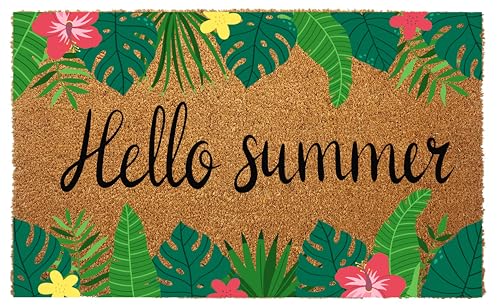 CaySep Fußmatte mit Aufschrift "Summer Welcome Hallo Summer" Palmenblätter, rutschfeste Kokosfaser-Fußmatte, für drinnen und draußen, Eingangsdekoration, 43 x 74 cm von CaySep