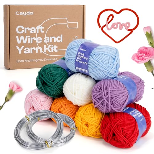 Caydo Basteldraht 3mm x 10 m und Häkelgarn 8 Farben x 25g Acryl Wolle Set, Zum Häkeln Wolle Zum Stricken Häkelwolle für Anfänger Crochet Yarn von Caydo