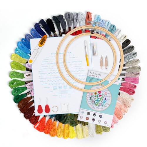 Caydo Stickset mit wasserlöslichem Stickvlies, inklusive 2 Stickrahmen, 100 farbigen Garnen, Stickstoff und Kreuzstichwerkzeug. Stickanfänger-Kits für Erwachsene von Caydo