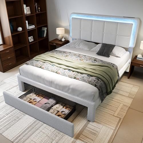 Cayipng Bettrahmen aus Samt Teddy mit LED, Plattformbett mit dimmbarem Stimmungslicht, USB-Anschluss, Aufbewahrungsschublade, Eisenrahmen und Holz, Weiß (160 x 200 cm) von Cayipng