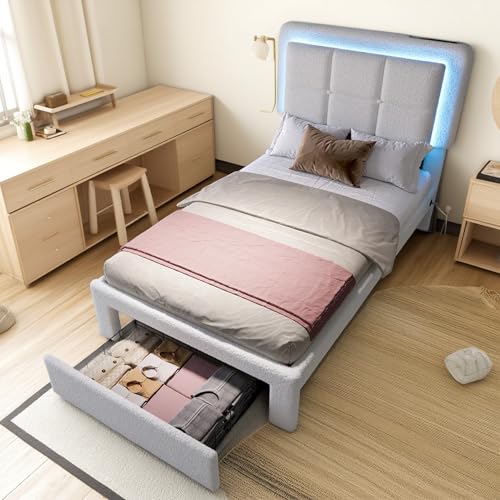 Cayipng Bettrahmen aus Samt Teddy mit LED, Plattformbett mit dimmbarem Stimmungslicht, USB-Anschluss, Aufbewahrungsschublade, Eisenrahmen und Holz, Weiß (90 x 200 cm) von Cayipng