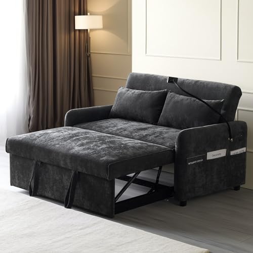 Cayipng Faltbares Doppelschlafsofa, Schlafsofa mit verstellbarer Rückenlehne, Handyhalter, USB-Ladeanschluss, Loungesofa für das Wohnzimmer (Grau + Chenille) von Cayipng