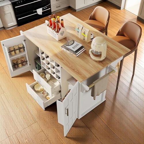Cayipng Küchenwagen, Kücheninsel aus Holz mit individueller Weinablage, klappbare Ablage, Esswagen mit 2 Schubladen und Tür, Weiß von Cayipng