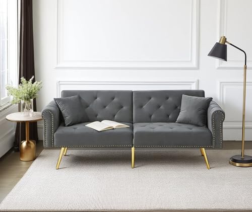 Cayipng Modernes Schlafsofa 2-Sitzer Samt Sofa mit 3-fach verstellbarer Rückenlehne Platzsparendes Schlafsofa für kleine Zimmer (Antique Gray) von Cayipng