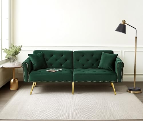 Cayipng Modernes Schlafsofa 2-Sitzer Samt Sofa mit 3-fach verstellbarer Rückenlehne Platzsparendes Schlafsofa für kleine Zimmer (Antique Green) von Cayipng