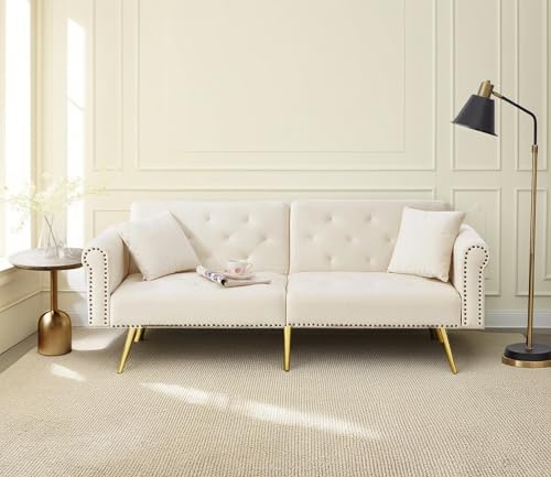 Cayipng Modernes Schlafsofa 2-Sitzer Samt Sofa mit 3-fach verstellbarer Rückenlehne Platzsparendes Schlafsofa für kleine Zimmer (Beige) von Cayipng