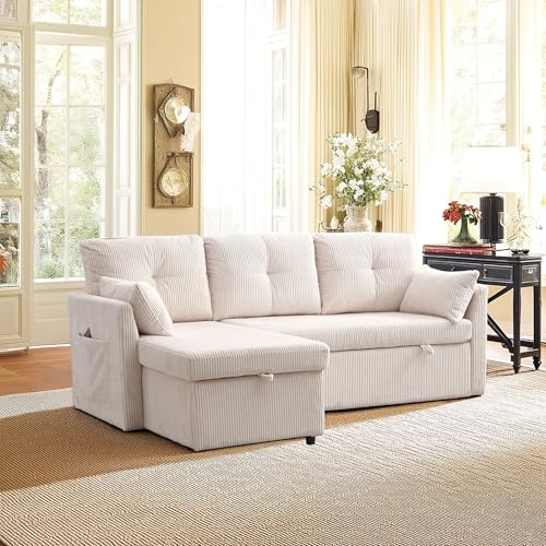 Cayipng Multifunktionales L-förmiges Schlafsofa mit Stauraum, austauschbare Chaiselongue, modulares Sofa für Wohnzimmer (Beige + Velvet) von Cayipng