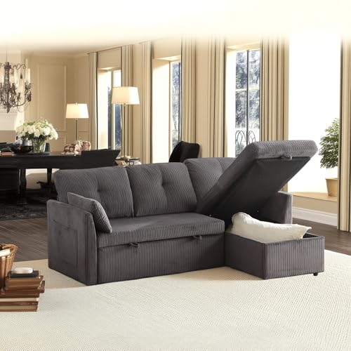 Cayipng Multifunktionales L-förmiges Schlafsofa mit Stauraum, austauschbare Chaiselongue, modulares Sofa für Wohnzimmer (Dark Gray + Velvet) von Cayipng