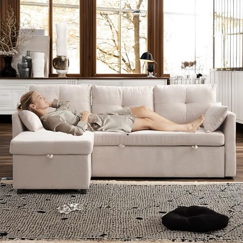 Cayipng Multifunktionales L-förmiges Sofabett mit Stauraum, austauschbare Chaiselongue, modulares Sofa für Wohnzimmer (Beige + Polyester) von Cayipng