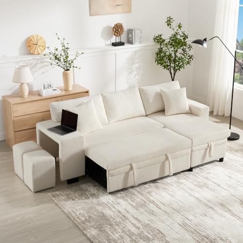 Klappsofa mit Bettfunktion, L-förmiges Ecksofa mit USB-Ladeanschluss und Kissen, verwandelbares 3-Sitzer-Sofa mit Seitenablagen und Stauraum von Cayipng