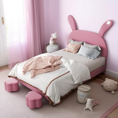 Polsterbett für Jugendliche, 140 x 200 cm, französischer Samt, Hasenohren, LED, verstellbar, Kopfteil 2 Höhen, 2 Hocker, Lattenrost aus Holz (Rosa), ohne Matratze von Cayipng