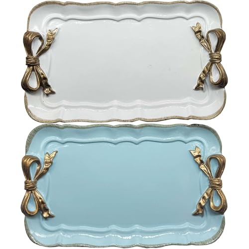 Cayway 2 Stück Tablett im Vintage Stil, Vintage Tablett aus Harz, Schleife Knoten Harz Teller für Handtuch Tablett, Obst Tabletts Ringe Armbänder Ohrringe Halter, Weiß und Blau von Cayway