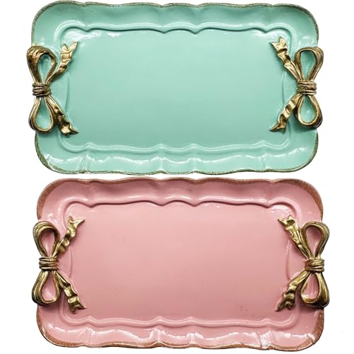 Cayway 2 Stück Vintage Tablett aus Harz, Tablett im Vintage Stil, Schleife Knoten Harz Teller für Handtuch Tablett, Obst Tabletts Ringe Armbänder Ohrringe Halter, Grün und Rosa von Cayway