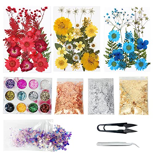 Cayway 82 Stück Getrocknete Gepresste Blätter, Natürliche Getrocknete Blumen, Epoxidharz Zubehör Set mit Glitzer für DIY Harz Schmuck Nail Crafts Art Blumendekoration von Cayway