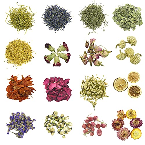 Cayway Getrocknete Blumen Trockenblumen Set, 16 Typen Natural Dried Flowers Getrocknete Blumen Kit Ringelblume Rose Lilie Jasmin Zitrone für Seifenzubehör Kerzenherstellung, Nägel Dekorationen DIY von Cayway