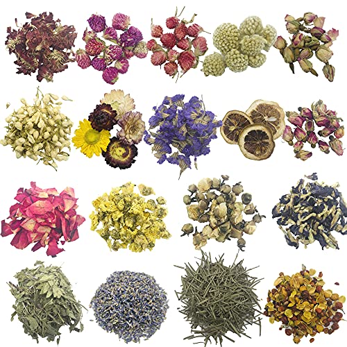 Cayway Getrocknete Blumen Trockenblumen Set, 18 Typen Natural Dried Flowers Getrocknete Blumen Kit Ringelblume Rose Lilie Jasmin Zitrone für Seifenzubehör Kerzenherstellung, Nägel Dekorationen DIY von Cayway