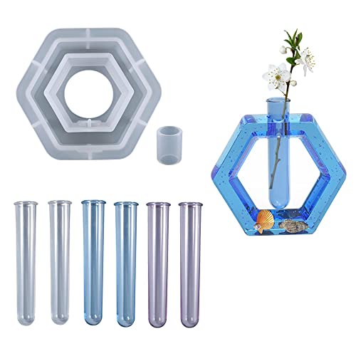 Cayway Hexagon Vase Resin Form Silikonformen Epoxidharz Pflanzgefäß Gießformen mit 6 Stück Acryl Reagenzgläser für Hydrokulturpflanzen, Heim Büro Dekor, Hexagon von Cayway