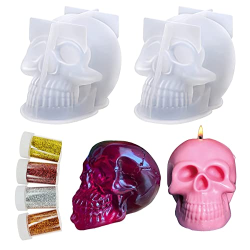 Cayway Totenkopf Kerze Form, 3D Schädel Schimmel, 2 Stück Silikon Kerzenform Halloween Skelett Kerzenformen KerzengießFormen mit Pailletten für Halloween Dekoration, Party, Geschenk von Cayway