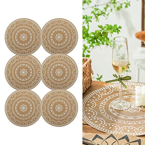 CcHhyyt 6 Stück Boho Runde Tischsets für Esstisch Waschbar Hitzebeständig PVC Tischsets Outdoor Tischsets Jute Retro Tischdekoration Vintage Coffee Bar Matte Wasserdicht Essmatte Bohemian Stil (F) von CcHhyyt