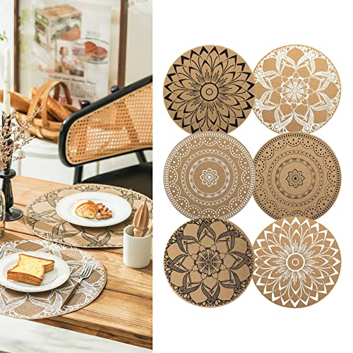 CcHhyyt 6 Stück Boho Runde Tischsets für Esstisch Waschbar Hitzebeständig PVC Tischsets Outdoor Tischsets Jute Retro Tischdekoration Vintage Coffee Bar Matte Wasserdicht Essmatte Bohemian Stil (MIX) von CcHhyyt