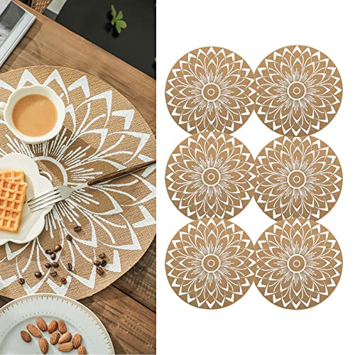 CcHhyyt 6 Stück Boho Runde Tischsets für Esstisch Waschbar Hitzebeständig PVC Tischsets Outdoor Tischsets Jute Retro Tischdekoration Vintage Coffee Bar Matte Wasserdicht Essmatte Bohemian Style (D) von CcHhyyt