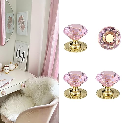 Selbstklebende Kristallknäufe für Spiegelschrank, selbstklebender Griff für Kommoden, Schubladen, Schränke, 40 mm, Kristallknäufe, selbstklebende Diamant-Glasknäufe (4 Stück, Rosa und Gold) von CcHhyyt