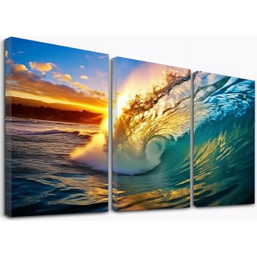 CcacHe 3 Teilig Wandbilder Leinwanddrucke, Sonnenuntergang Am Meer Blau Bilder für Wohnzimmer Schlafimmer Korridor Küche Deko Weihnachten gsgeschenk -50x70cm Gerahmt von CcacHe