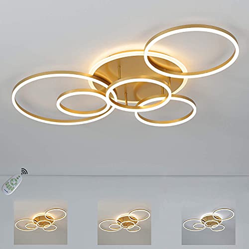 LED Deckenleuchte Dimmbar Wohnzimmerlampe mit Fernbedienung Gold Deckenlampe 6-Ringen Rundes Deckenleuchten Stufenlos Dimmbar 3000K-6000K Schlafzimmerlampe, Lange 115cm Design Bürolampe Küchenlampe von SENFAY