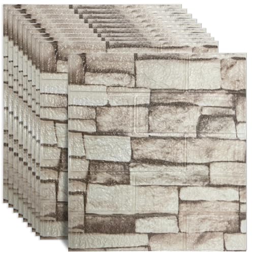 Ceboic 10 Stück 3D Wandpaneele 35x38.5cm Selbstklebend Ziegel Tapete Steintapete Wasserdicht Wandaufkleber Ziegelstein Wandtapete für Küche Schlafzimmer Badezimmer Hintergrund TV-Decor (Rockweiß) von Ceboic