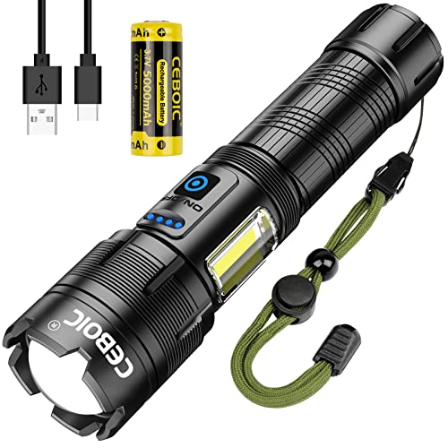 Ceboic Extrem Hell LED Taschenlampe, 5000 Lumen USB Aufladbar Taktische Taschenlampen mit 7 Lichtmodi, IPX6 Wasserdicht Zoombare Handlampe Batterie Enthalten für Camping Outdoor Wandern Notfall von Ceboic