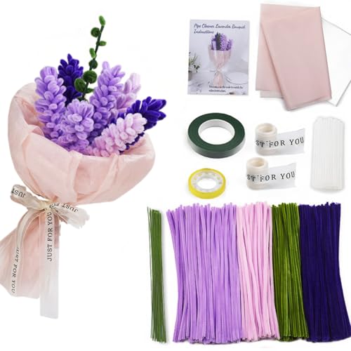 Cecanndila Lavendel Pfeifenreiniger Blumen Set mit 4 Farben PIPI Cleaner, Pfeifenputzer zum Basteln，Stressabbauendes DIY-Blumenstrauß Set, Bastelfaden, Geschenkpapier,Geschenkband von Cecanndila