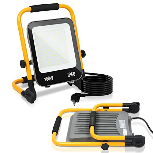 Cecaylie 100W LED Baustrahler, 2x Arbeitsleuchte, 10000LM LED Fluter Floodlight mit 3M Kabel und Stecker, IP66 Bauscheinwerfer für Innen-und Außenbereich Baustellen Garage Werkstatt, Kaltweiß von Cecaylie