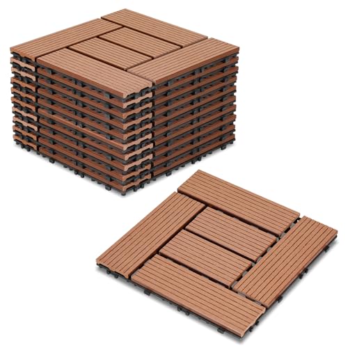 Cecaylie 11er Pack WPC Terrassenfliese, Braun Balkonfliesen 30x30cm - 1m², Ideal für den Außenbereich Klickfliesen für Balkon, Garten, Terrasse, Bodenbelag Einfach, Schnell und Praktisch Verlegt von Cecaylie