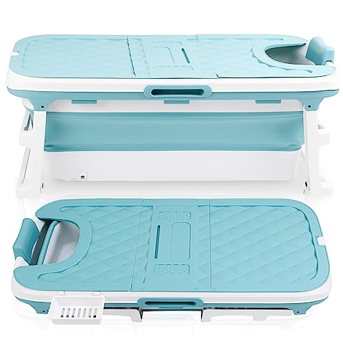 Cecaylie 132x60x50cm Faltbare Badewanne Erwachsene, Tragbare Klappbare mobile Badewanne mit Abdeckung & Massagerollen, Seifenkorb，für Badezimmer und Dusche - Blau von Cecaylie