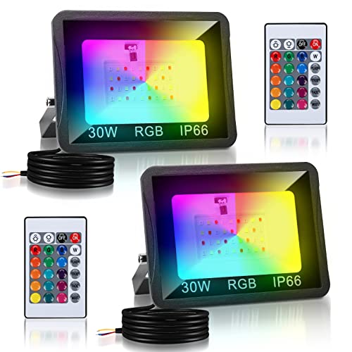 Cecaylie 2er 30w RGB LED Strahler mit Fernbedienung für Terrassen- & Verandabeleuchtung - 16 Farben, 4 Modi, IP66 Wasserdicht, Dimmbar, Memoryfunktion von Cecaylie