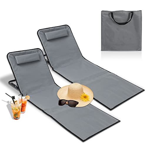 Cecaylie 2er Set Faltbare Strandmatte, Tragbar Strandliegen mit Rückenlehne, Strandstuhl 5-stufige Verstellbar, Klappbar Strandliege für Strand, Camping- Grau von Cecaylie