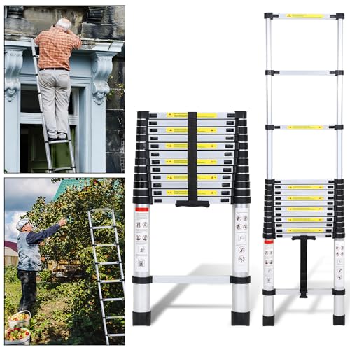 Cecaylie 3,8M Teleskopleiter, Aluminium Teleskopleiter, Mehrzweckleiter Rutschfester Tragbare Ausziehleiter, JZ380 Aluleiter, 13-Segment-Sicherheitsschalter, bis 150KG/300 Pfund Belastbarkeit, Silber von Cecaylie