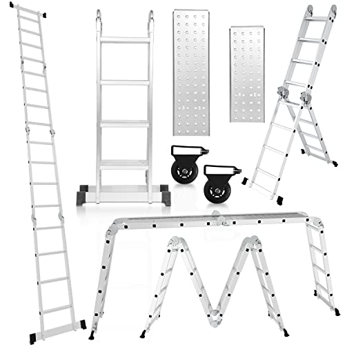 Cecaylie 4x4 Stufen Aluminium Mehrzweckleiter, 470cm 7 in 1 Multifunktionsleiter mit plattform, Leiter mit 2 Gerüstplatten, Vielzweckleiter Klappleiter 16 Stufen, Silber von Cecaylie