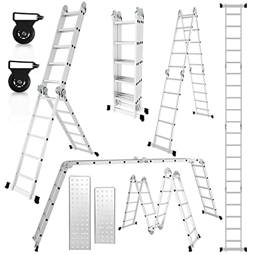 Cecaylie 4x5 Aluminium Mehrzweckleiter, 582cm 7 in 1 Alu Leiter mit plattform, Leiter mit 2 Gerüstplatten, Arbeitsleiter Multifunktionsleiter, Klappleiter 20 Stufen, Silber von Cecaylie