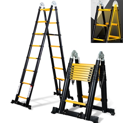 Cecaylie 5M (2.5+2.5) Teleskopleiter Klappleiter Aluminium mit Abnehmbarem doppelten Umlenkrollen Max Belastung 150 KG/330 Pfund, Ausziehleiter, Rutschfester, Schwarz Gelb von Cecaylie
