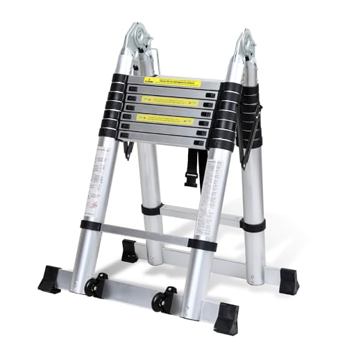 Cecaylie 5M Teleskopleiter A Frame, Aluminium Klappleiter Mit Dreiecksstabilisator und Rädern, Tragbare Teleskop-Ausziehleiter Max Belastung 150 kg (2,5M+2,5M-Silber) von Cecaylie