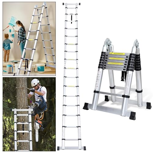 Cecaylie 5M Teleskopleiter Alu-Teleskopleiter Ausziehleiter 2,5M+2,5M Faltbar Stehleiter Klappleiter Teleskop Ausziehleiter JZ250D Multifunktionsleiter max 150 kg Belastbarkeit, Silber von Cecaylie